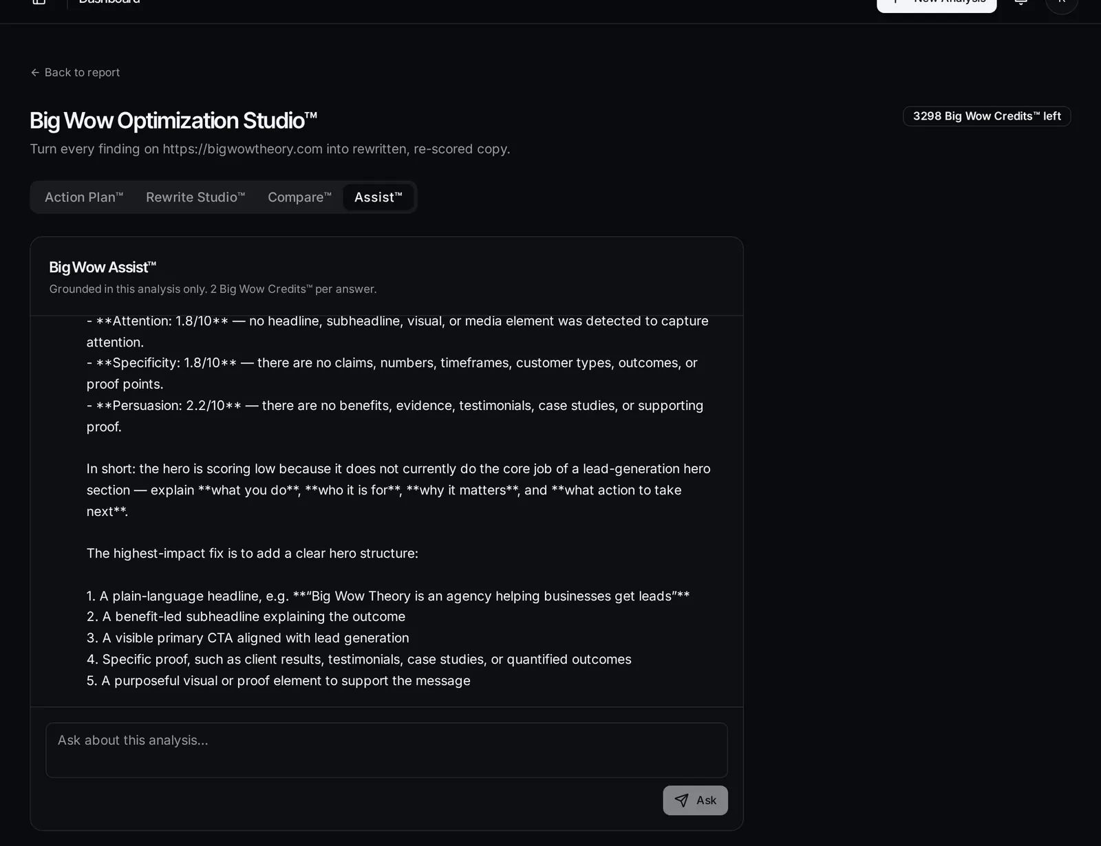 Big Wow Assist answering a question about the analysis grounded in the report data