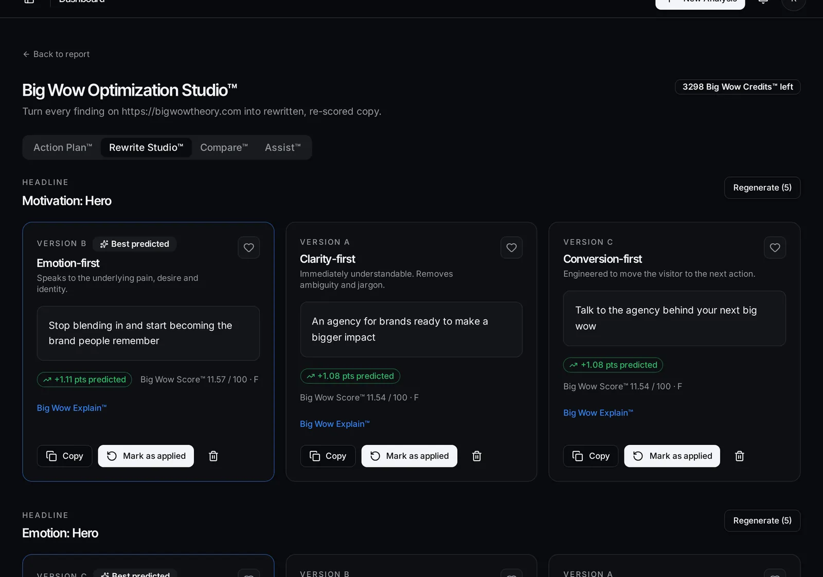 Rewrite Studio showing clarity-first, emotion-first and conversion-first headline versions with predicted score lift