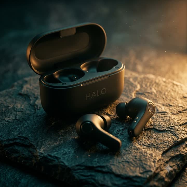 HALO earbuds and case on a dark stone, AI-generated